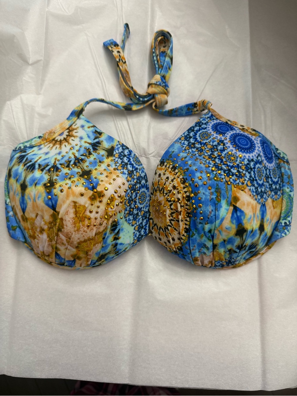 NWT Venus Sz 32DDD, 34DD, 36D Blue/Yellow Paisley Print Beaded Halter Bikini Top